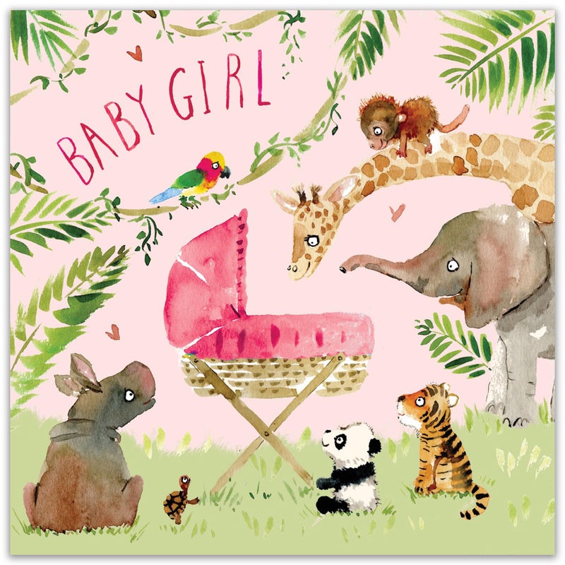 Twizler New Baby Girl Card with Pink Crib and Jungle Animals - Congrats, 6.1 x 6.1 in - Image 2